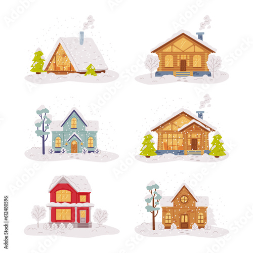 Winter House and Country Cottage with Roof Covered with Snow and Tree in the Yard Vector Set