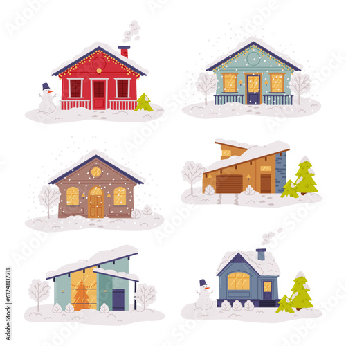 Winter House and Country Cottage with Roof Covered with Snow and Tree in the Yard Vector Set