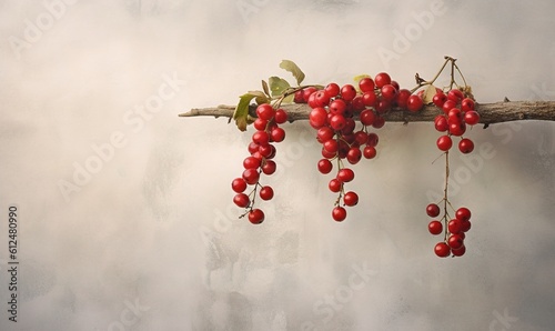  a branch with some red berries hanging from it's end and some green leaves on the end of the branch and a white wall in the background. generative ai