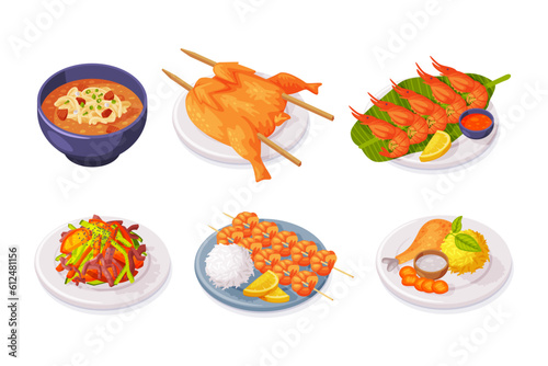 Traditional Thai Food and Dish Served on Plate Vector Illustration Set