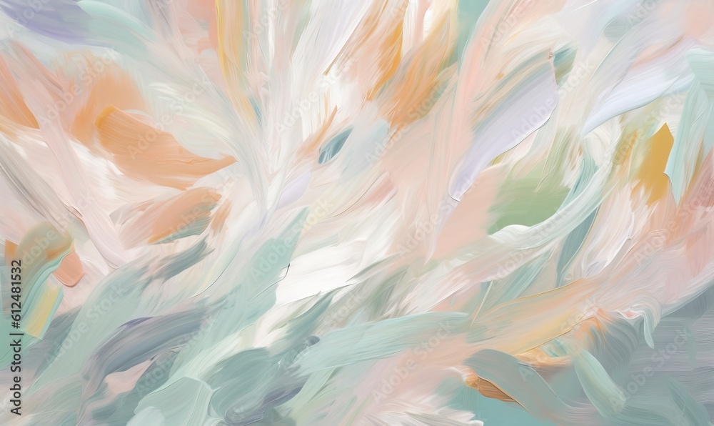  an abstract painting of orange, blue, and green leaves on a white background with a light blue sky in the background and a light blue sky.  generative ai
