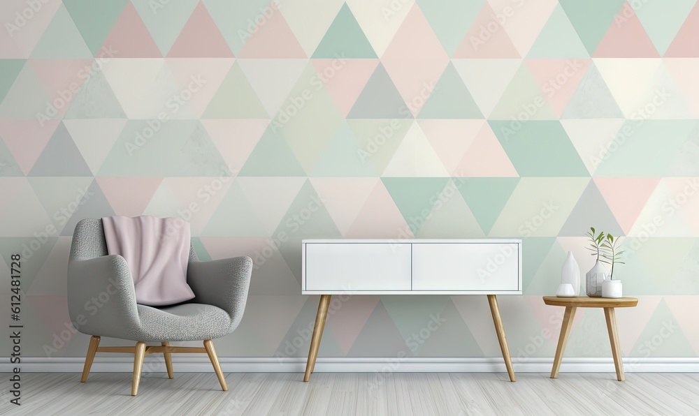 two chairs and a table in front of a wall with a geometric pattern on it and a side table with a plant in front of it. generative ai two chairs and a table in front of a wall with a geometric pattern on it and a side table with a plant in front of it. generative ai