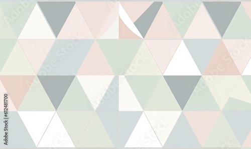  a wallpaper with a pattern of triangles in pastel shades of grey, pink, and green on a white background with a white border. generative ai