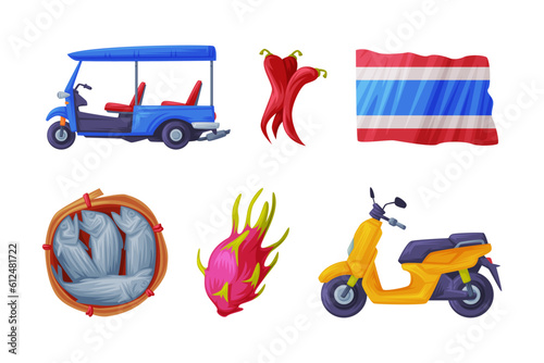 Thailand Symbols and Object with Electric Rickshaw, Moped, Flag, Fish, Dragon Fruit and Chili Pepper Vector Set