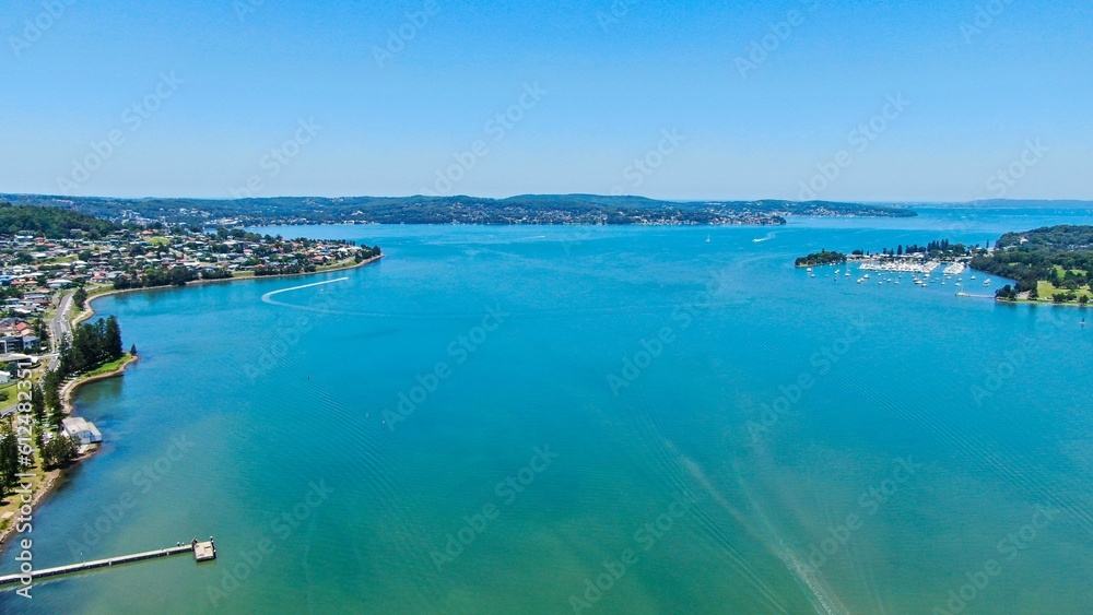 Aerial view of the Warners Bay on a sunny day in New South Wales, Australia
