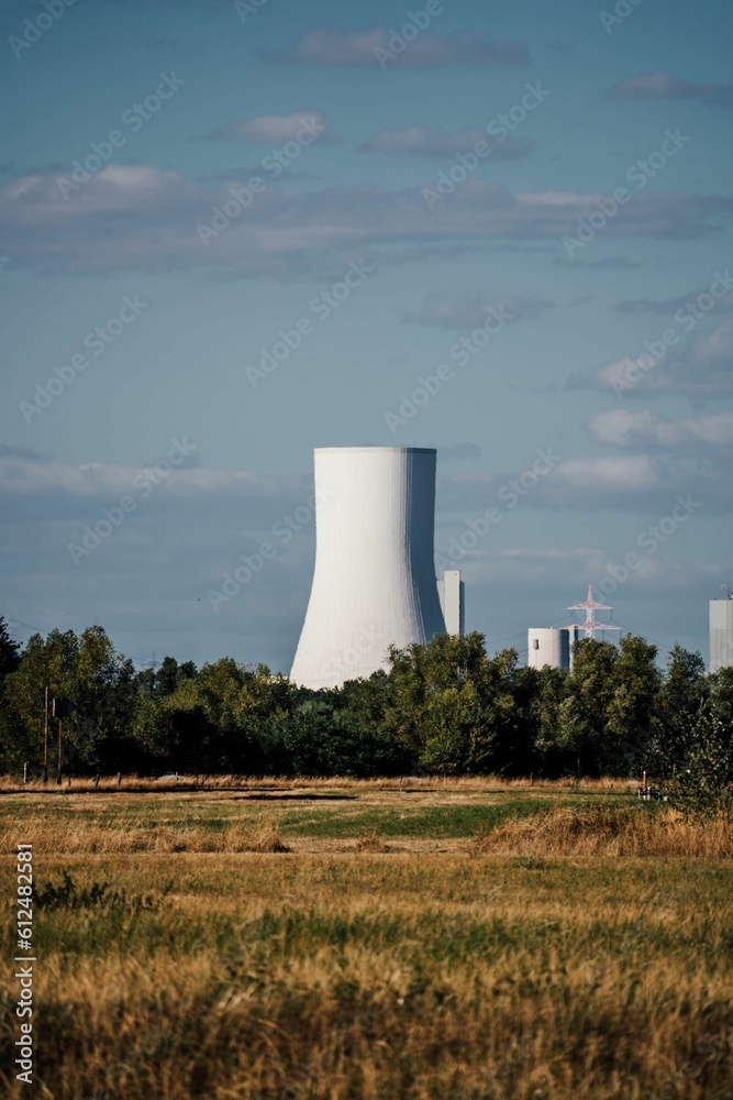 Vertical of a nuclear power plant in a rural area in Duisburg, Germany