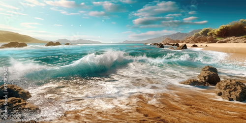 Indulge in the beauty of a serene coastal view, where the power of crashing waves contrasts with the tranquility of a golden sandy beach. Generative AI 