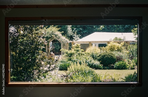 Beautiful shot of a garden opening from window