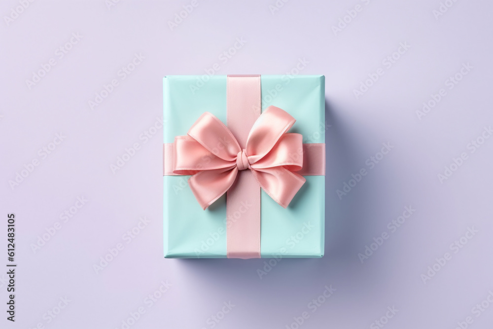 close up of blue present with pastel color ribbon on a purple background created with AI generative tools close up of blue present with pastel color ribbon on a purple background created with AI generative tools