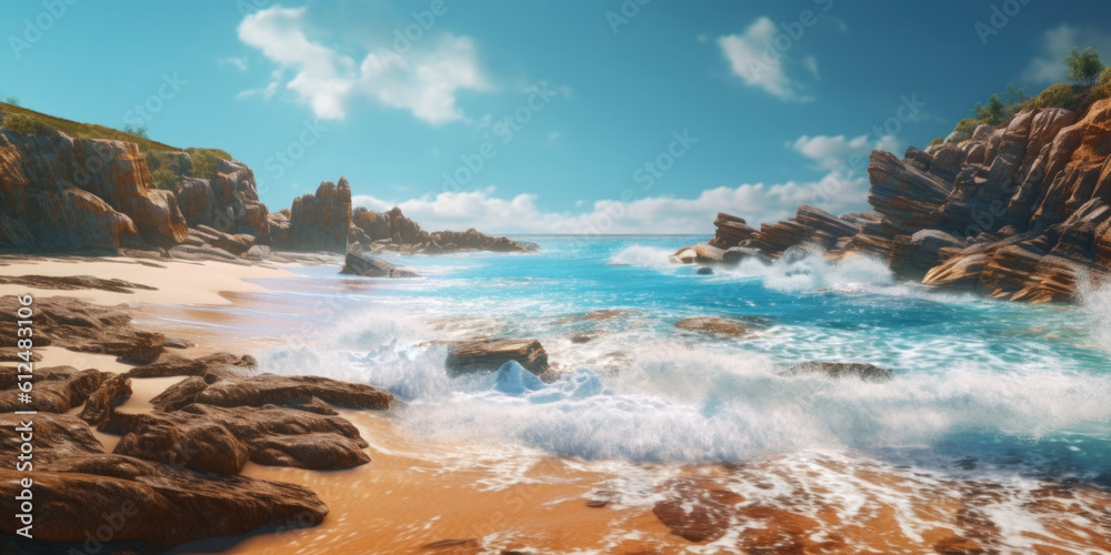 A serene coastal view with crashing waves and a golden sandy beach. Generative AI A serene coastal view with crashing waves and a golden sandy beach. Generative AI