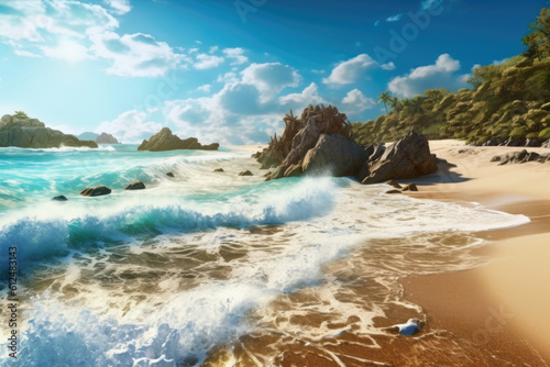 Immerse yourself in the tranquility of a coastal paradise, where crashing waves meet a pristine golden sandy beach. Generative AI 