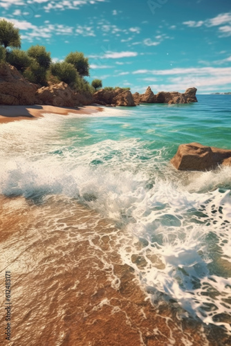 Immerse yourself in the tranquility of a coastal paradise, where crashing waves meet a pristine golden sandy beach. Generative AI 