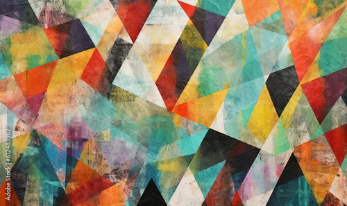  a painting of a multicolored pattern with a black background and a white background with a red, yellow, blue, and green triangle pattern. generative ai