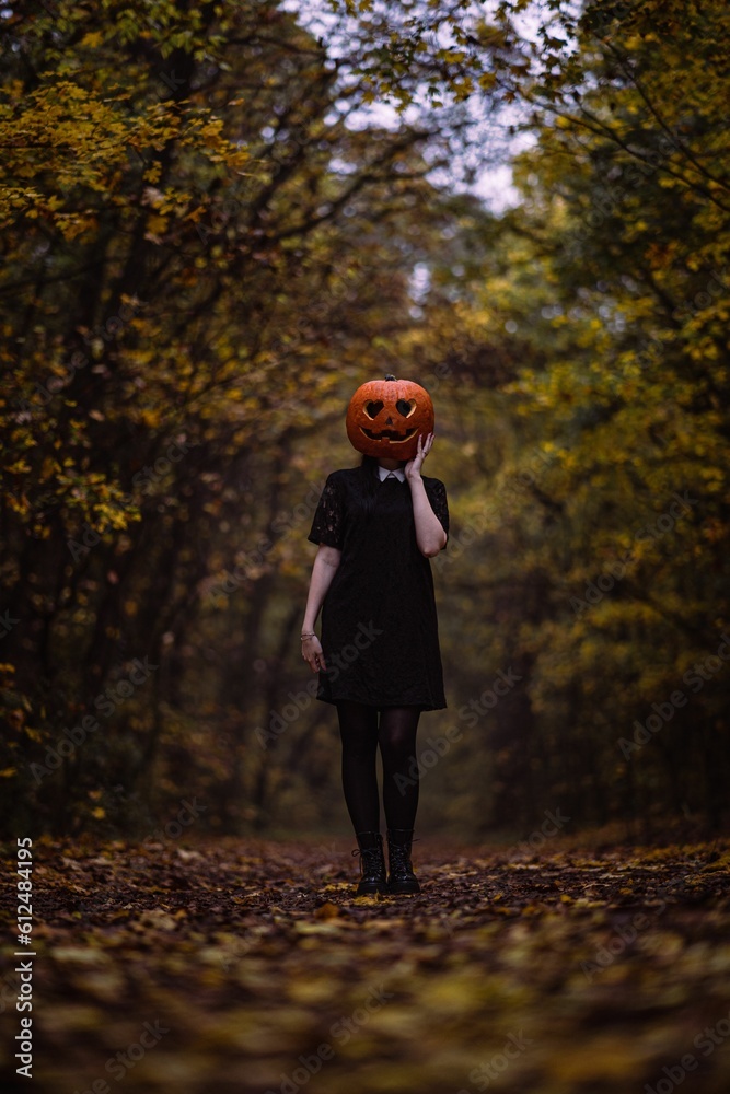 a person holding a pumpkin over their head, walking through the woods a person holding a pumpkin over their head, walking through the woods