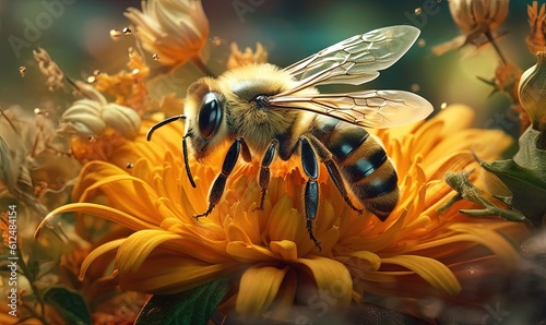  a bee sitting on top of a yellow flower next to a green leafy plant with lots of yellow flowers around it on a sunny day. generative ai
