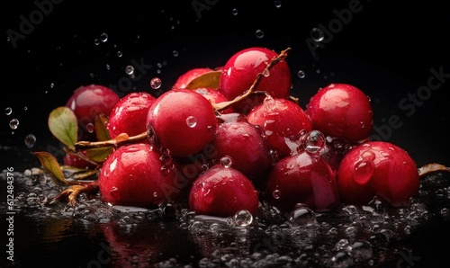  a pile of cherries with water splashing on them on a black surface with a green leaf on top of the cherries and water droplets on the top of the cherries.  generative ai