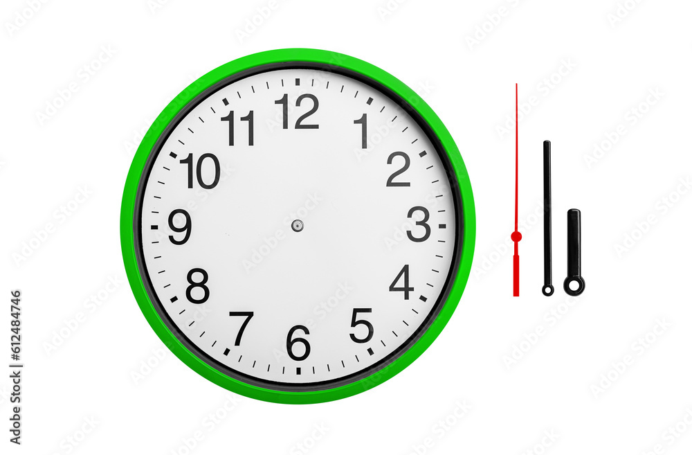 Round clock with arrows isolated on white background.