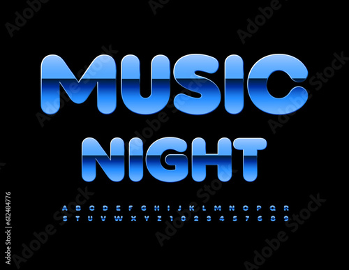 Vector creative logo Music Night. Blue Metallic Font. Trendy Alphabet Letters and Numbers.