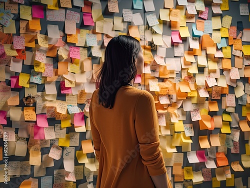 woman in front of the wall with stocky notes with to do tasks