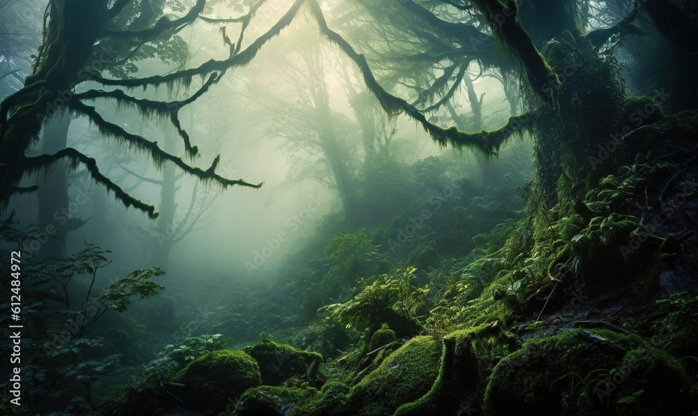 a forest filled with lots of green moss covered rocks and trees in the foggy forest with sunlight coming through the trees and branches in the fog.  generative ai