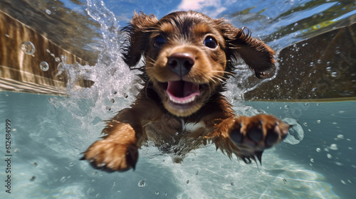 A delightful scene of a playful puppy splashing and frolicking in a sparkling pool, its joy and enthusiasm contagious Generative AI