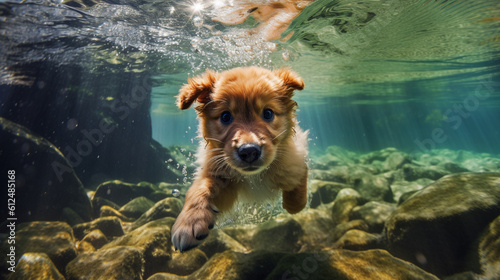 A playful puppy captured mid-dive into a crystal-clear river, capturing the essence of its carefree spirit and love for aquatic adventures Generative AI