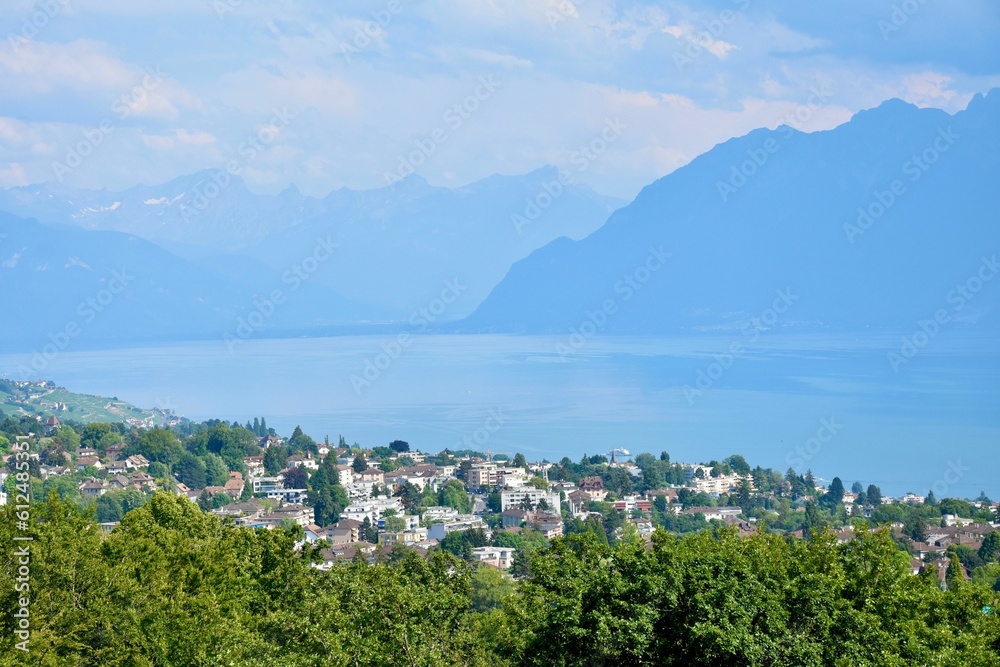 Scenic view on the Swiss Alps from the city of Lausanne, Switzerland