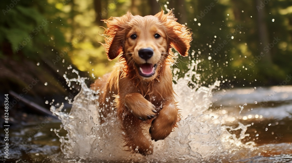 A gleeful puppy caught mid-splash in a shallow river, its infectious happiness radiating as water droplets create a playful and dynamic scene Generative AI A gleeful puppy caught mid-splash in a shallow river, its infectious happiness radiating as water droplets create a playful and dynamic scene Generative AI