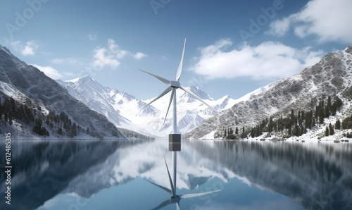  a wind turbine on a mountain lake surrounded by snow covered mountains and evergreen trees, with a blue sky and clouds reflected in the water.  generative ai © Anna