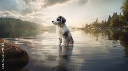 A captivating image of a puppy standing on the edge of a lake  ready to dive in  capturing the anticipation and excitement before it plunges into the water Generative AI