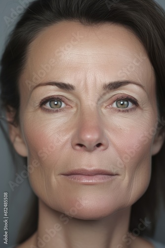 Close up studio headshot of a beautiful mature woman looking at the camera. Generative AI