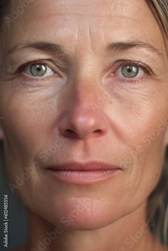Close up studio headshot of a beautiful mature woman looking at the camera. Generative AI