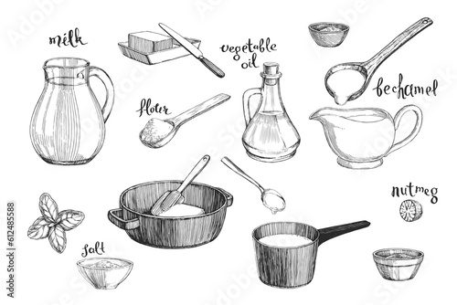 Vector vintage hand-drawn set of ingredients for cooking bechamel isolated on white. Collection of sketches of products for making sauce.