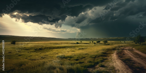 a turbulent stormy sky embraces a tranquil countryside  intertwining drama and peace in a single captivating moment. Generative AI  