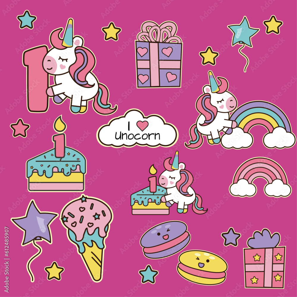 Fototapeta premium Cute magical unicorn birthday stickers with cake. 10+ stickers. Vector illustration. Ready to print