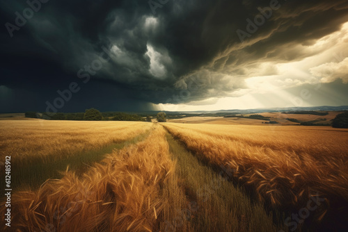 Nature's dichotomy unfolds—a dramatic stormy sky blankets a serene countryside, blending tranquility with the power of the elements. Generative AI 