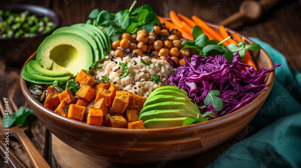A colorful Buddha bowl filled with a variety of fresh vegetables and plant-based protein sources