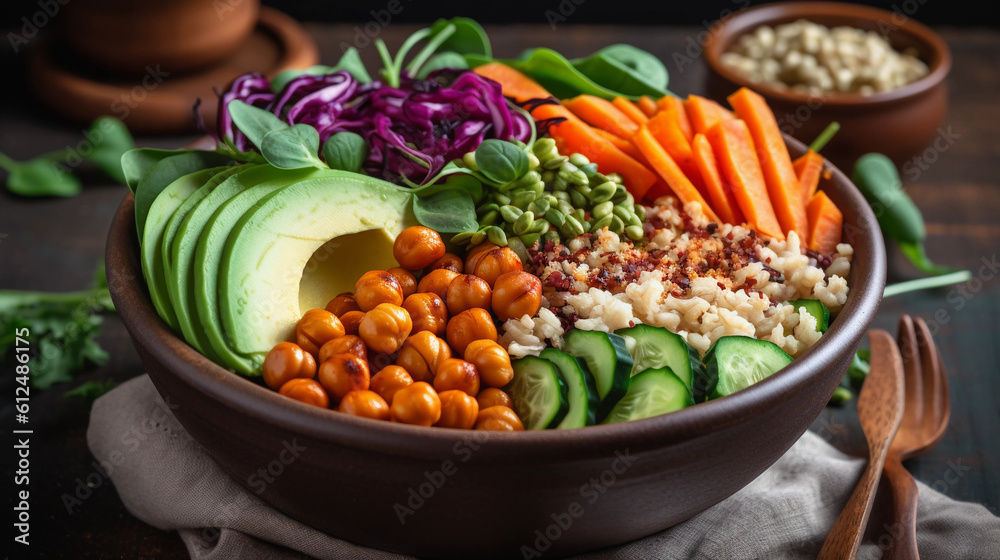 A colorful Buddha bowl filled with a variety of fresh vegetables and plant-based protein sources