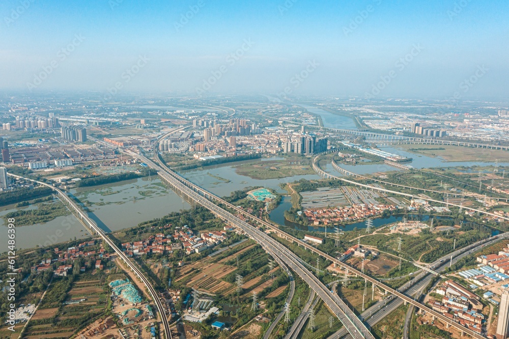 Bird's eye view of Zibo city skyline in China on a sunny day
