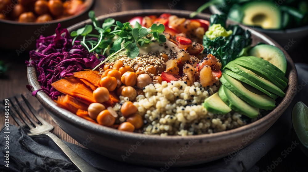 A colorful Buddha bowl filled with a variety of fresh vegetables and plant-based protein sources A colorful Buddha bowl filled with a variety of fresh vegetables and plant-based protein sources