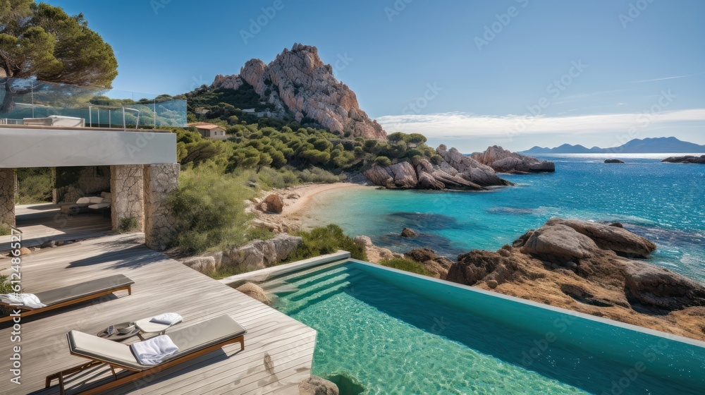 Obraz premium Villa on the island of Sardinia or Capri, with luxurious amenities, private beach access, and panoramic views of the crystal clear waters