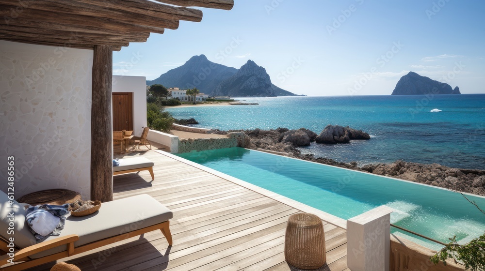Villa on the island of Sardinia or Capri, with luxurious amenities, private beach access, and panoramic views of the crystal clear waters