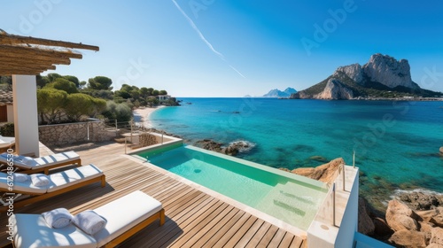 Villa on the island of Sardinia or Capri  with luxurious amenities  private beach access  and panoramic views of the crystal clear waters
