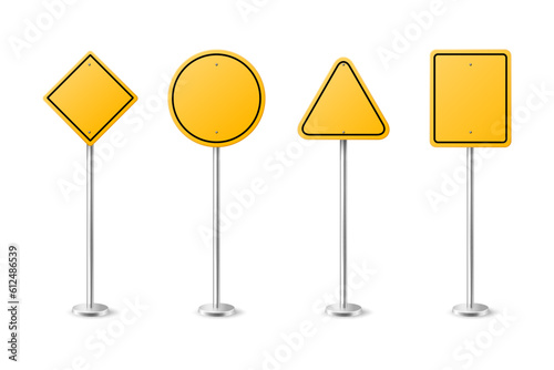 Vector Yellow Warning, Danger Stop Sign Frame in Full Length Icon Set Isolated. Rhombus, Circle, Triangle, Rectangle Dangerous Sign Collection. Design Template of Road Sign