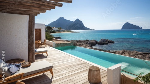 Villa on the island of Sardinia or Capri, with luxurious amenities, private beach access, and panoramic views of the crystal clear waters © Damian Sobczyk