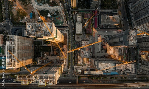 Bird's eye view of tall buildings under construction