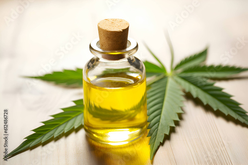 Hemp oil in a bottle with cannabis leaves on a wooden background, Generative AI