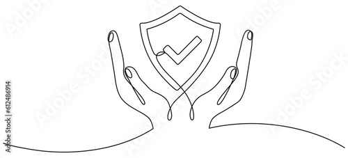 Hands holding shield badge continuous line drawing. Approval check guard symbol. Vector illustration isolated on white.