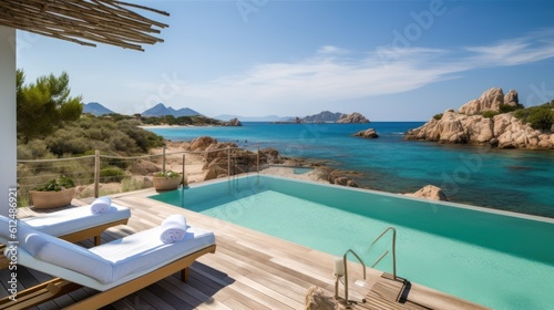 Villa on the island of Sardinia or Capri  with luxurious amenities  private beach access  and panoramic views of the crystal clear waters