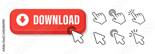 Download now button with hand click on white background. Flat finger cursor and mouse cursor isolated on white background. Click button for app and web design, vector illustration.